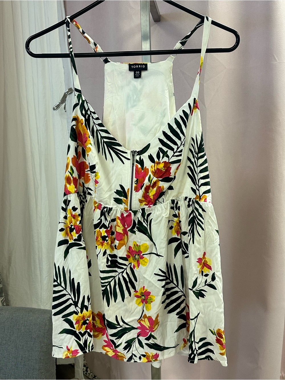 torrid White Floral Zip-Front Cami Dress with Pink & Yellow Blooms
